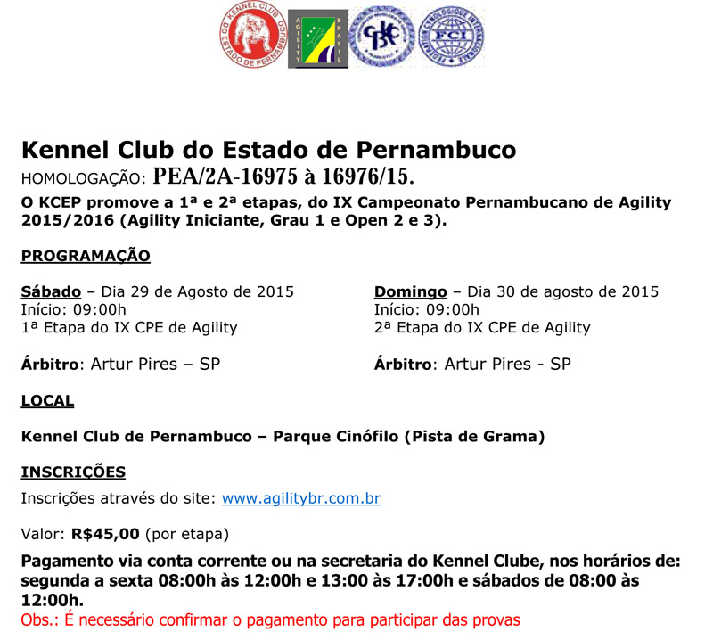 1ª e 2ª etapas, do IX Campeonato Pernambucano de Agility 2015/2016