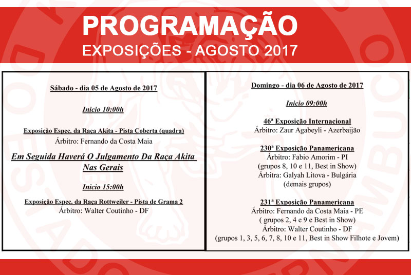 Programação para o fim de semana – exposições de 05 e 06 de Agosto de 2017